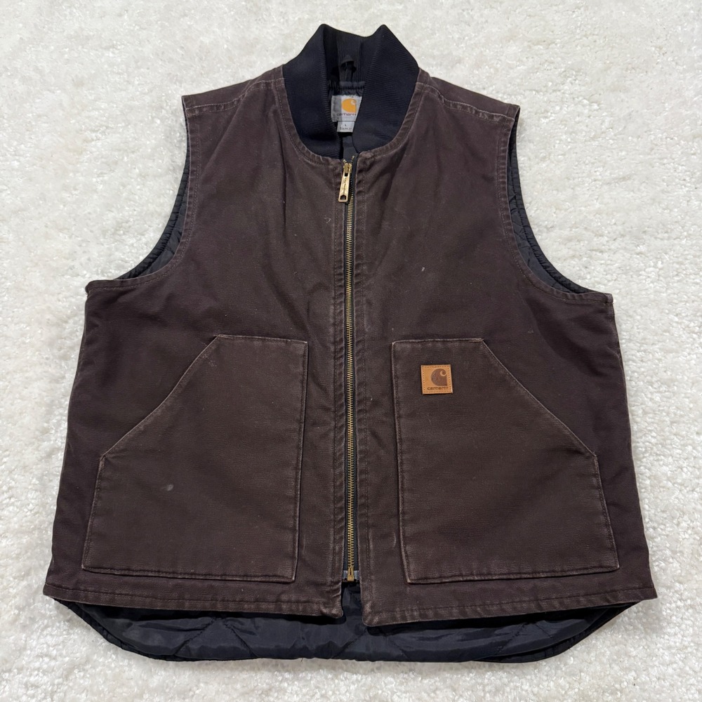 Carhartt V02-DKB Vest Mens Large Dark Brown Quilt Lined Duck Canvas Workwear